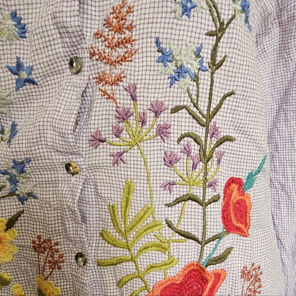 Johnny Was Purple Floral Embroidered Button Down Shirt - Picture 6 of 8
